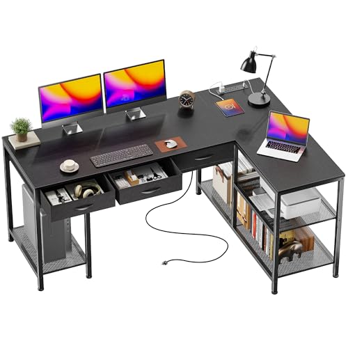 55 Inch L Shaped Office Desk with Power Outlets and Type-C Port, Large Computer Gaming Desk with 3 Fabric Drawers, Mesh Shelves, Corner Study Work Writing Desk, Black