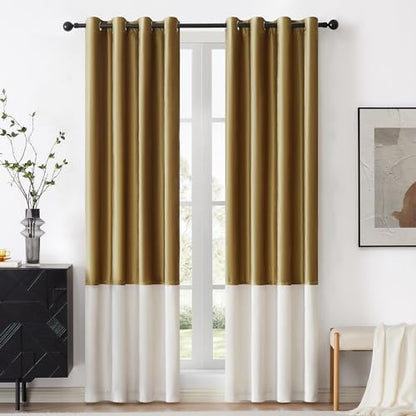 Color Block Velvet Curtains 90 inch Gold Ivory Cream Luxury Elegant Modern Living Room Curtain Light Blocking Thermal Insulated Soundproof Room Darkening Energy Saving Drapes for Bedroom Set of 2