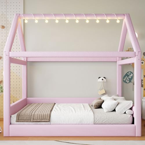 Upholstered Full Size House Daybed with LED Light Strips, Modern Kids Daybed for Bedroom, Guest Room (Pink)
