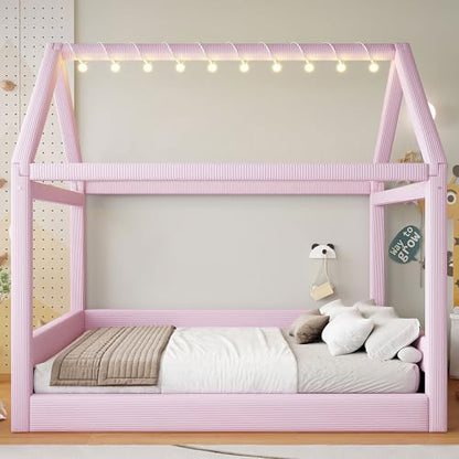 Upholstered Full Size House Daybed with LED Light Strips, Modern Kids Daybed for Bedroom, Guest Room (Pink)