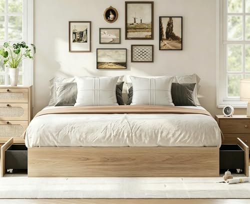 King Bed Frame with 2 Storage Drawers,Wooden Floor Bed Frame, view 2