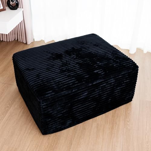 37.4" Plush Corduroy Ottoman, Upholstered Cloud Ottoman for Boneless Couch in a Box, Modular Sectional Couches for Living Room, Compressed Memory Foam, No Assembly Require, Black