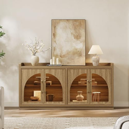 Sideboard Buffet Cabinet with Storage, LED Lights, Arch Glass Doors, view 4