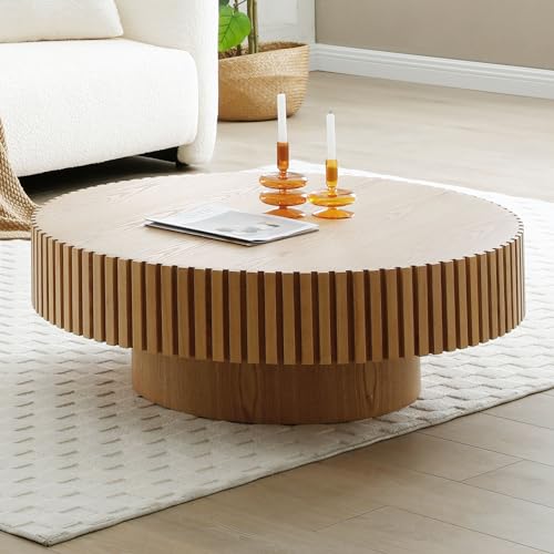 31.49" Coffee Table, Round Coffee Table, Wood Coffee Table for Living Room, Handcrafted Relief Carving, Easy Assembly, Oak