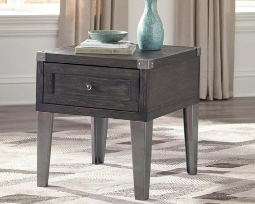 Dark gray industrial square end table with drawer and charging ports, view 3