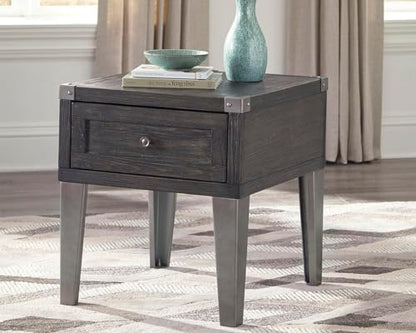Dark gray industrial square end table with drawer and charging ports, view 3