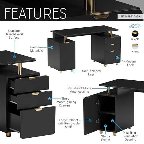 57"W Computer Desk w/ 3 Drawers & Storage Cabinet, Black/Gold, view 5