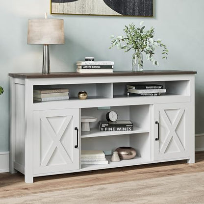 58 Inch TV Stand, Contemporary Entertainment Center for TVs up to 65", Wood Media Console Table with Two Open Shelves and Barn Door Cabinets - Corin (White)