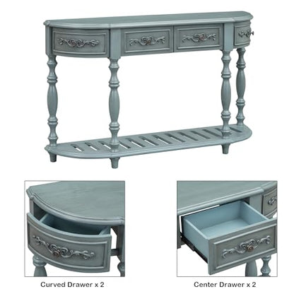 52'' Curved Half Moon Entryway Console Table with Storage, Antique Blue | Semicircular Accent Table, French Country, Solid Wood Legs, 4 Drawers, Open Shelf, Easy Assembly, for Living Room & Hallway