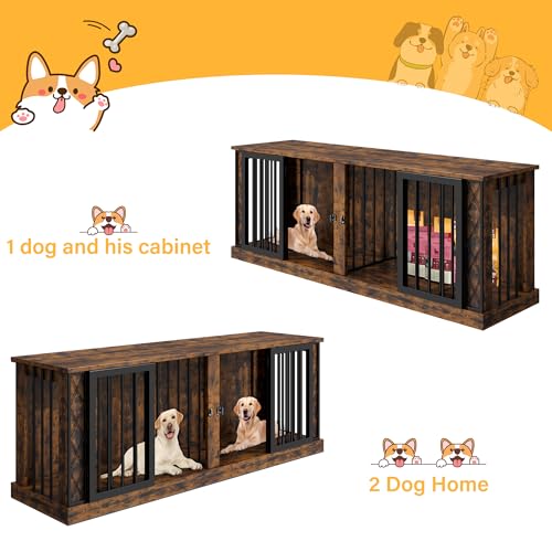 86.6" Double Dog Crate Furniture as TV Stand, Dog Kennel Furniture for 1 or 2 Dogs, Heavy Duty Dog Cage Indoor for Small/Medium/Large Dogs, Retro