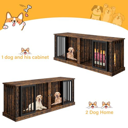 86.6" Double Dog Crate Furniture as TV Stand, Dog Kennel Furniture for 1 or 2 Dogs, Heavy Duty Dog Cage Indoor for Small/Medium/Large Dogs, Retro