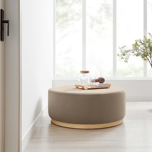 Tilden 38 Inch Round Performance Velvet Upholstered Ottoman in Taupe Natural - Round Ottoman Coffee Table for Living Room, Large Ottoman Foot Rest with Rubberwood Plinth Base