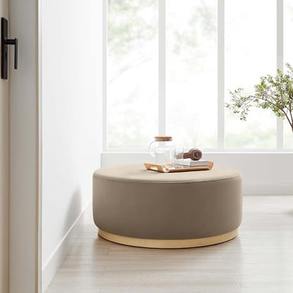 Tilden 38 Inch Round Performance Velvet Upholstered Ottoman in Taupe Natural - Round Ottoman Coffee Table for Living Room, Large Ottoman Foot Rest with Rubberwood Plinth Base