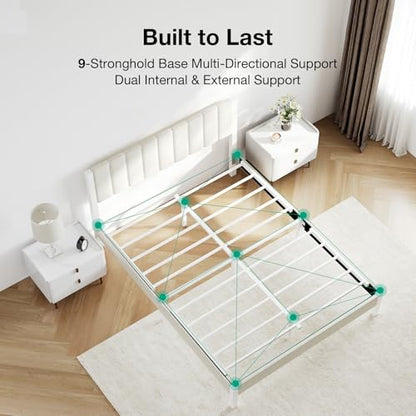 Metal Platform Bed Frame with Velvet White Headboard, view 6