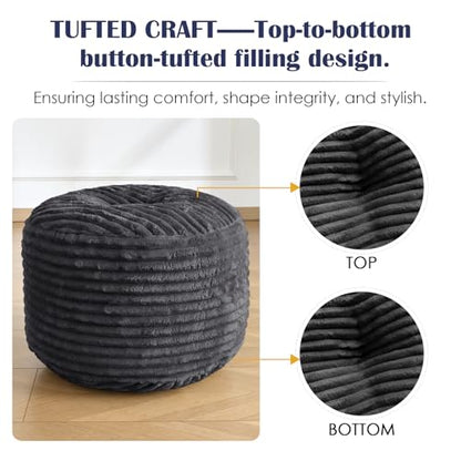 Stuffed Round Ottoman,Pouf Ottoman Foot Rest,20 X 15,Dark Grey, view 6