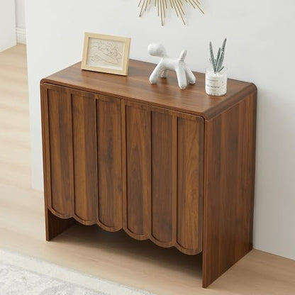 Sideboard Buffet Cabinet, Accent Storage Cabinets with 2 Doors, Farmhouse Wood Cabinet with Adjustable Shelves and Wave Panel for Living Room, Dining Room, Entry - Walnut