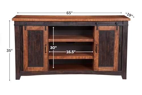 Martin Svensson Home 65" Solid Pine Wood Entertainment Center with Storage. Rustic TV Stand for TVs up to 70." Sliding Doors, Adjustable Shelves & Cable Management – Black and Honey Finish