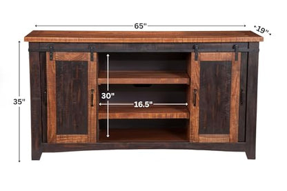 Martin Svensson Home 65" Solid Pine Wood Entertainment Center with Storage. Rustic TV Stand for TVs up to 70." Sliding Doors, Adjustable Shelves & Cable Management – Black and Honey Finish