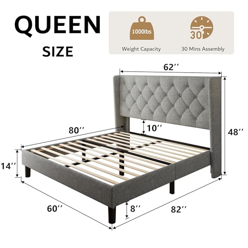 Queen Size Platform Bed Frame with Button Tufted Headboard, view 3