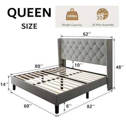 Queen Size Platform Bed Frame with Button Tufted Headboard, view 3
