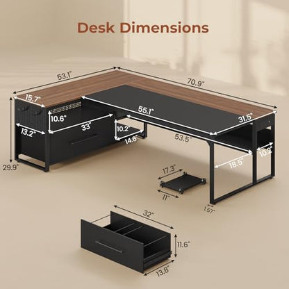 71" Executive Desk, L Shaped Office Desk with Widen File Drawers, view 3
