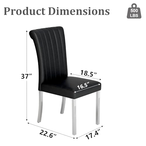 Black Leather Dining Chairs Set of 2, Silver Stainless Steel Legs, view 3