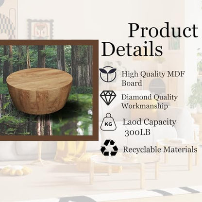 Wooden Coffee Table Modern Coffee Table Rustic Center Table with Metal Leg for Living Room Reception Room Office (Wood, Round)