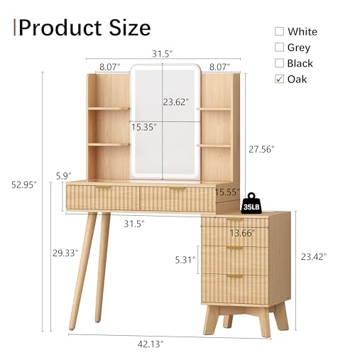 Fluted Makeup Vanity Desk with Mirror and Lights, view 3