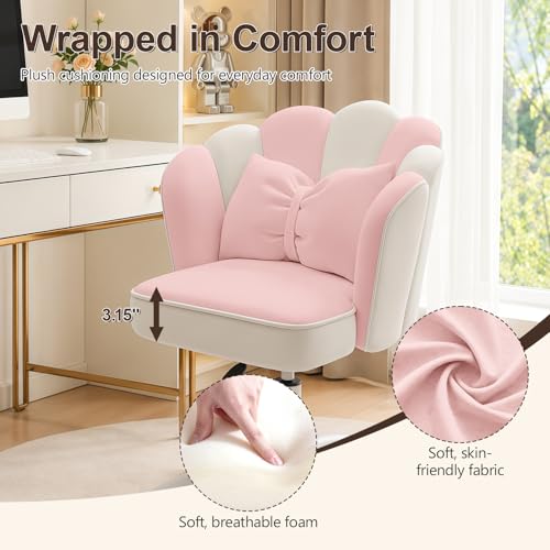 Vanity Chair with Wheels Velvet Petal Desk Chair Upholstered Tufted Home Office Chair for Women Girls, Height Adjustable Makeup Task Chair for Bedroom Living Room, Pink White