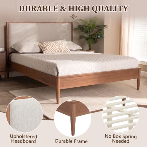 Mid Century Bed Frame with Boucle Upholstered Headboard, Walnut, view 6