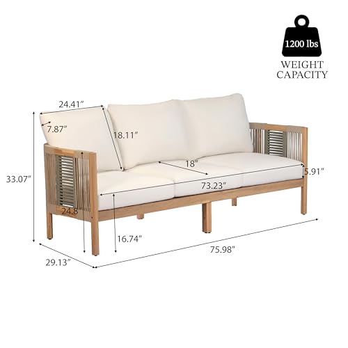 5-Piece Acacia Wood Patio Furniture Set with Coffee Table, 7 Seater Outdoor Conversation Sofa Set, Patio Sectional Chat Set for Backyard Balcony, Teak+ Beige