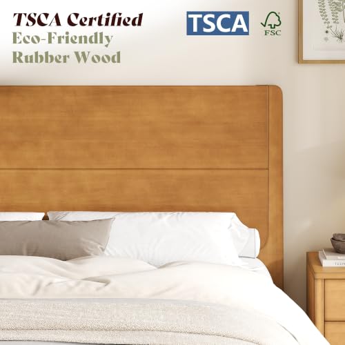 Solid Wood Queen Bed Frame with Headboard, Japanese Joinery, Brown, view 7