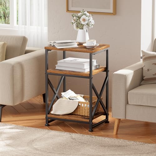 Side Table, End Table with 3 Tiers Open Shelves, Bedside Table for Sofa Couch, Nightstand, Living Room, Bedroom, Rustic Brown