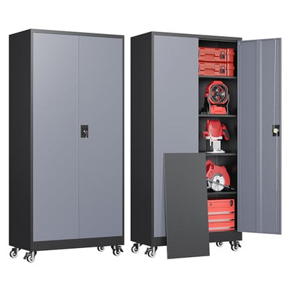 Metal Garage Cabinets with Wheels, Heavy Duty Rolling Storage Cabinet with Lock, Storage Caninet with 2 Doors and 4 Shelves, Tall Tool Cabnet on Wheels for Workshop/Home/Office-(Black Gray 75”H)