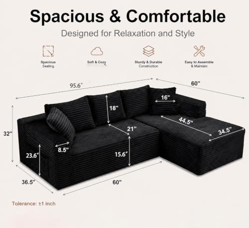96" Cloud Boneless Sectional Couches with Chaise for Living Room