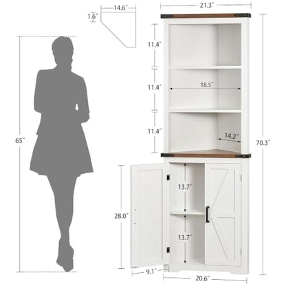 Farmhouse Corner Cabinet, 70" H Tall Corner Hutch with 5 Shelves & 2 Barn Doors, view 4