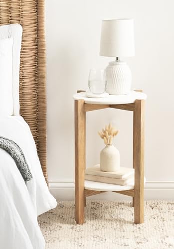 Moxley Transitional Round Side Table; 16 x 16 x 22; White Marble and Natural Wood; Tiered Pedestal Table with Authentic Marble Tabletops for Bedroom Nightstand or Indoor Plant Stand