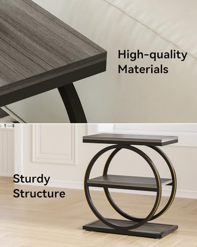 End Table, 3-Tier Side Table, Slim Sofa Side Table for Living Room, Tall Bedside Table Nightstand for Bedroom, Grey and Black