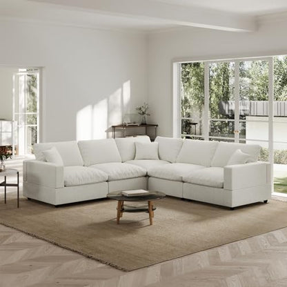 Modern Sectional Linen Couch for Living Room V-Shape Sofas,5 Seat Modular Cloud Sofas,Couches Cushion Covers Removable,Cozy Feather Down Sofa for Apartment Cream White