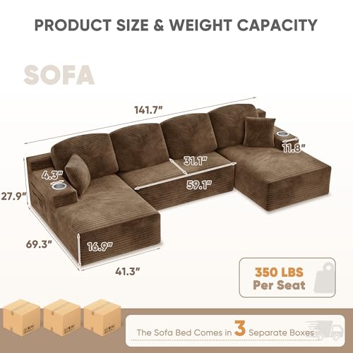 142" Boneless Couch, Modular Sectional Sofa, No Assembly Required, Memory Foam Filling, Corduroy U-Shaped Sofa, Movable Multi-Person Couch for Living Room (Brown)