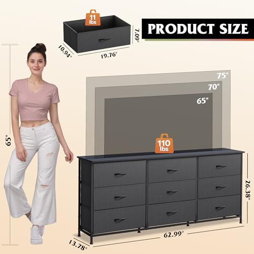 Dresser TV Stand for 75 Inch TV, 9 Drawer Dresser for Bedroom, Black, view 4