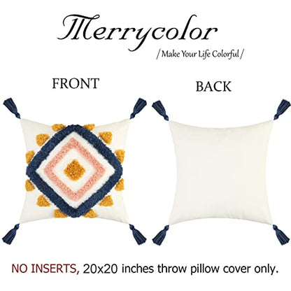 Boho Pillow Covers 20x20 Modern Geometric Diamond Boho Pillows Decorative Throw Pillow Cases Blue Pink Soft Woven Tufted Pillow Cushion for Couch Sofa Bedroom Living Room