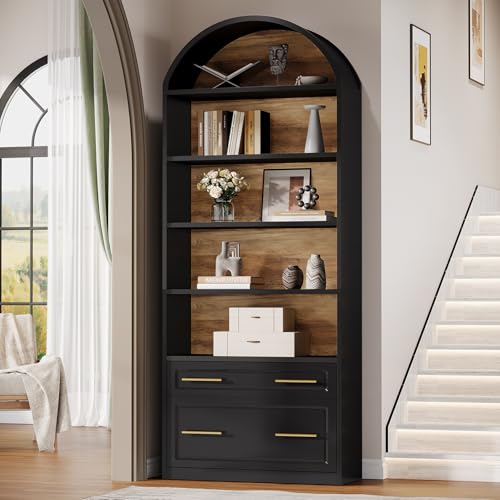 76.8" Tall Arched 5-Tier Bookcase, Black, view 6