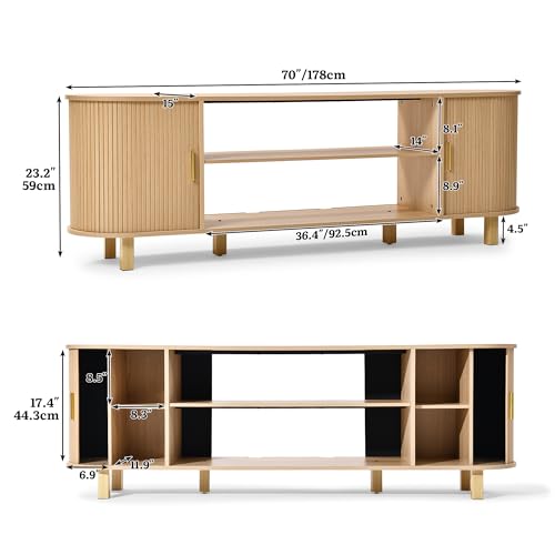 70" Mid Century TV Stand with Fluted Sliding Doors, Natural Oak, view 3
