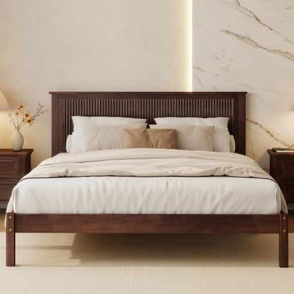 LUMISOL Queen Size Solid Rubberwood Platform Bed with Wave-Styled Headboard, view 2