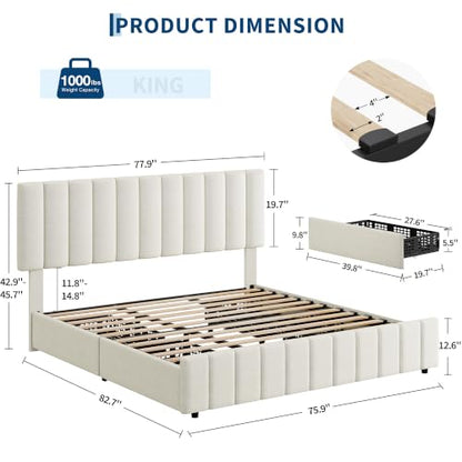 King Size Bed Frame, Linen Bedframe with 4 Storage Drawers, Beige, view 3