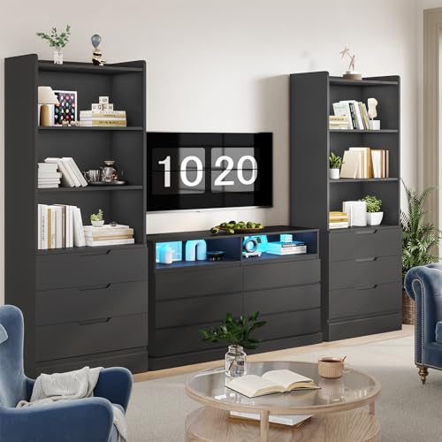Bookcase with 3 Drawers and Shelves 73.23'' Tall Bookshelf with Storage Modern Wood Closet Drawers System,Closet Organizer Unit Freestanding Tall Storage Cabinet for Home Office,Bathroom,Black