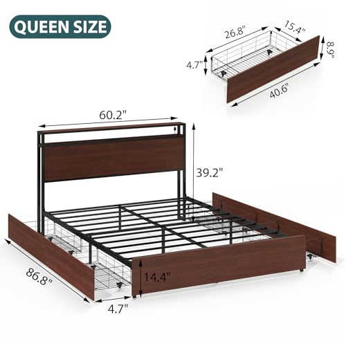 Queen Bed Frame with Storage and Charging Station, Metal Frame, USB Ports, view 3