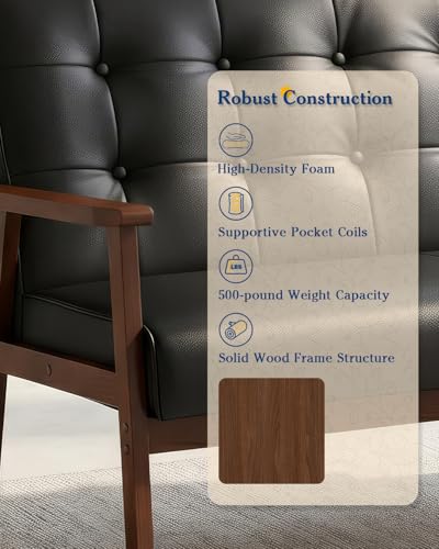 3 Piece Black Faux Leather Mid Century Modern Wood Frame Living Room Set | Loveseat Sofa Set Tufted Upholstery Furniture Set, Couch Set for Waiting Room\Small Space\Office\Dorm\Lobby