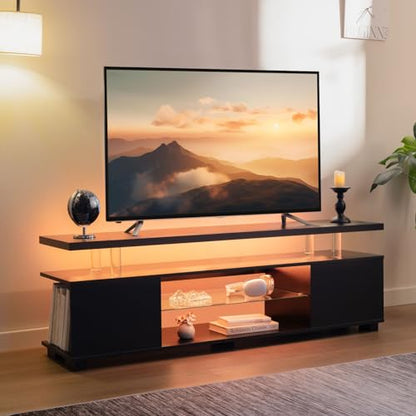 Black TV Stand,LED TV Stand for Living Room,Glass Entertainment Center TV Stand, TV Console Tables for Living Room,Bedroom,Home Office